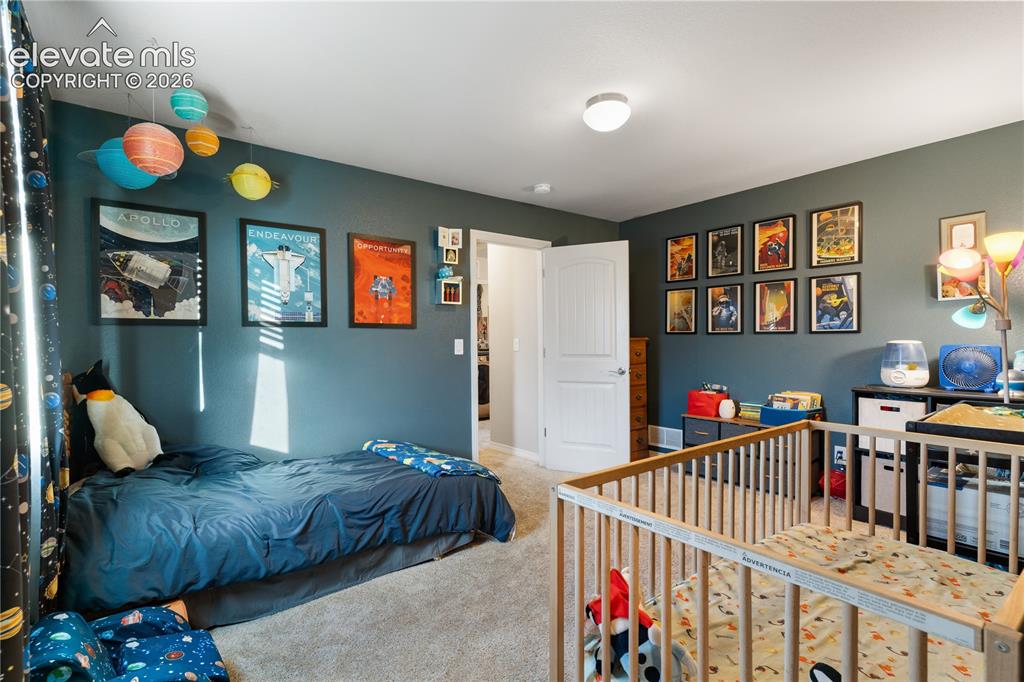 Image 34 of 43: Spacious room featuring neutral carpeting, a white paneled door, dark accen