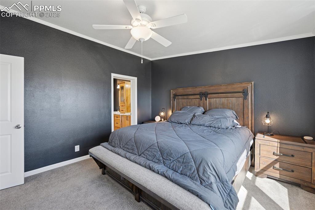 Image 22 of 34: Bedroom featuring crown molding, carpet flooring, baseboards, and ceiling f