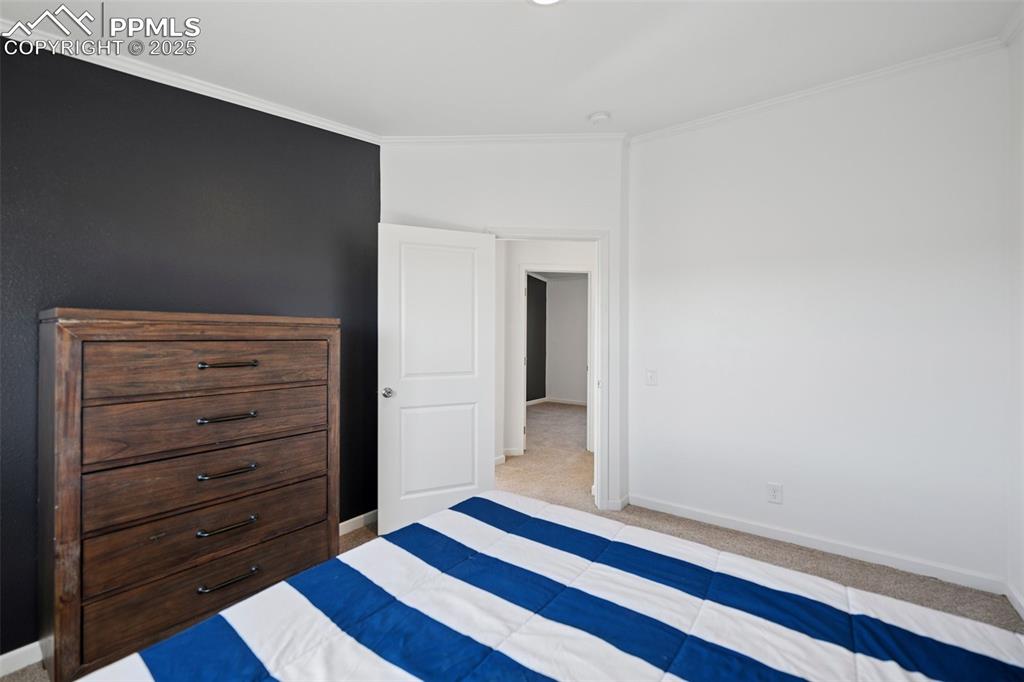 Image 28 of 34: Bedroom featuring light colored carpet, ornamental molding, and baseboards