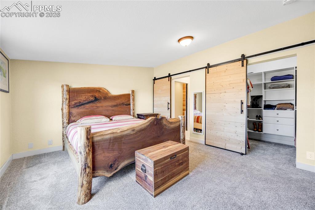 Image 2 of 49: Bedroom featuring a barn door, a spacious closet, light colored carpet, and