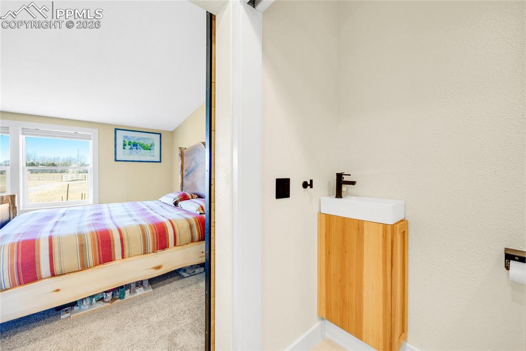 Image 22 of 49: Carpeted bedroom with a sink and baseboards