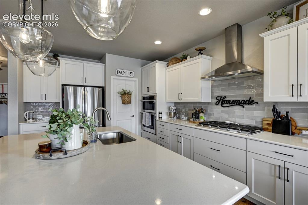 Image 17 of 29: Kitchen featuring white cabinetry, stainless steel appliances, a large isla