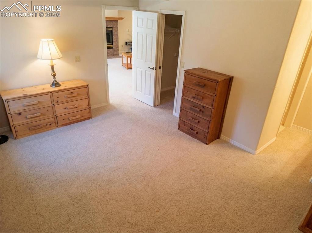 Image 30 of 30: Bedroom with a spacious closet, light carpet, and a tile fireplace