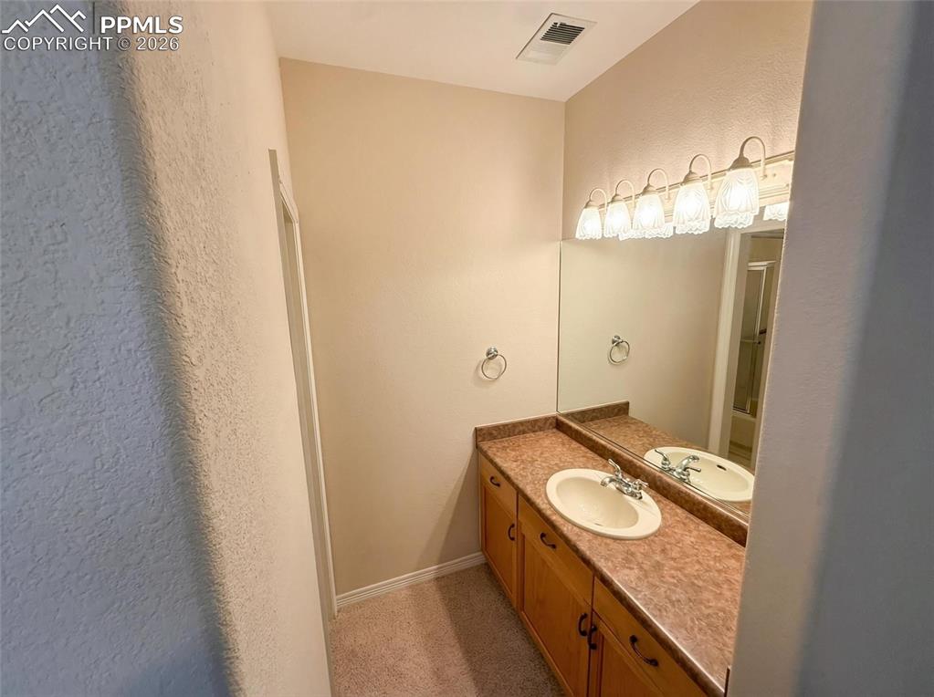 Image 31 of 38: Pass-Through Bathroom featuring vanity, a textured wall, and light carpet