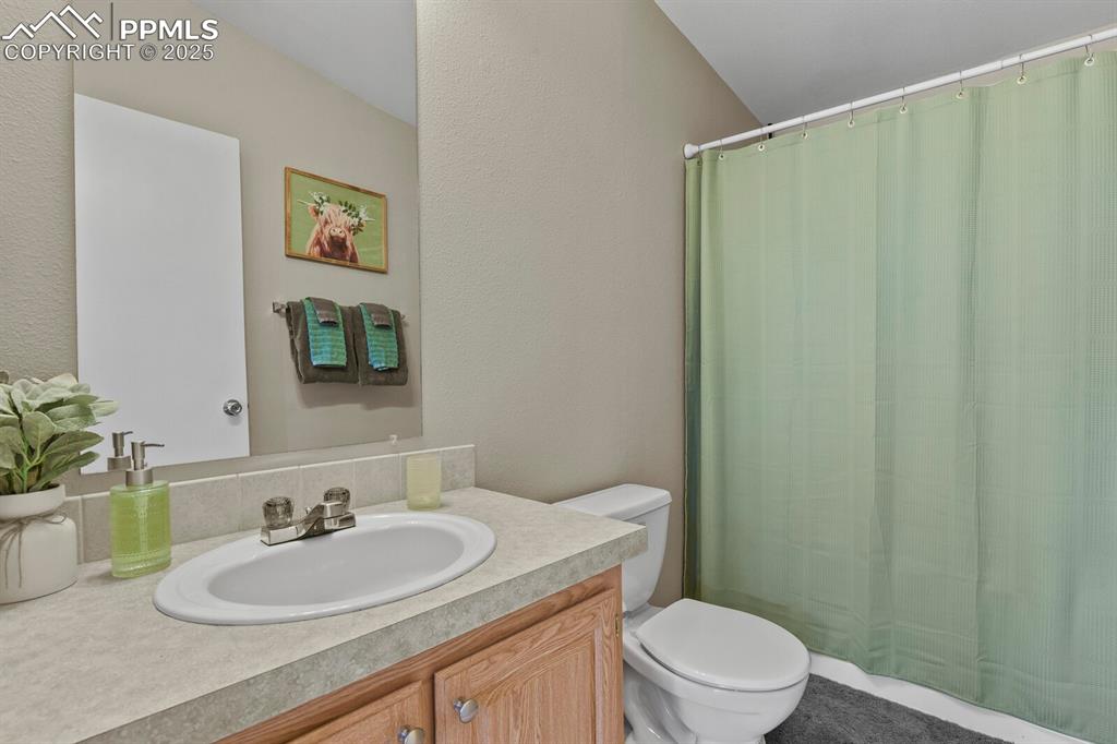 Image 20 of 37: Bathroom with curtained shower, vanity, and a textured wall