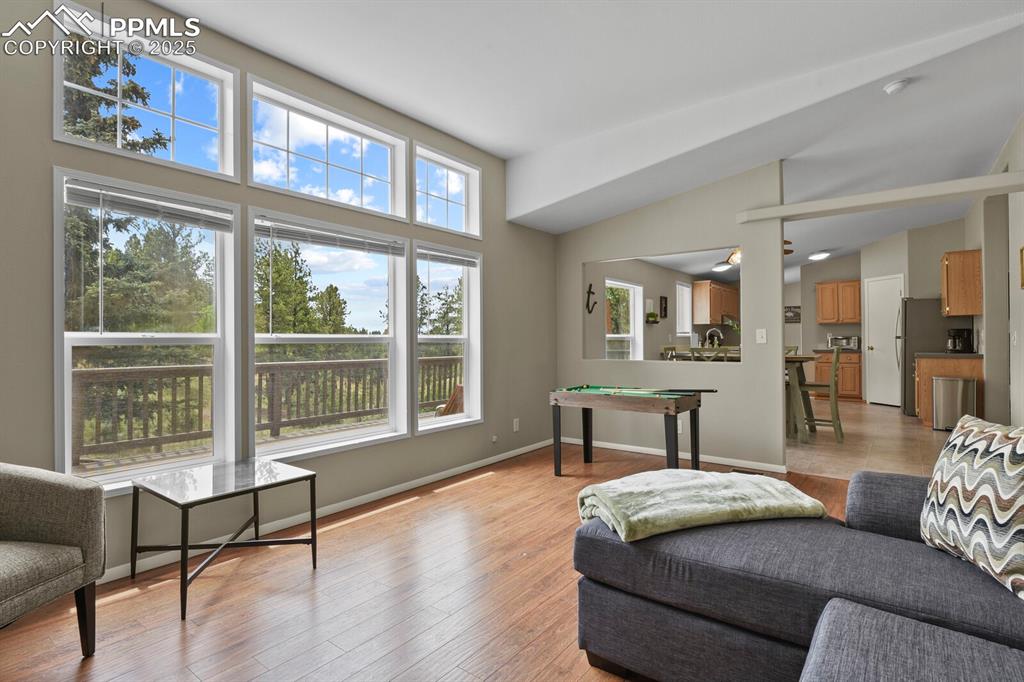 Image 5 of 37: Living room with light wood-type flooring and vaulted ceiling