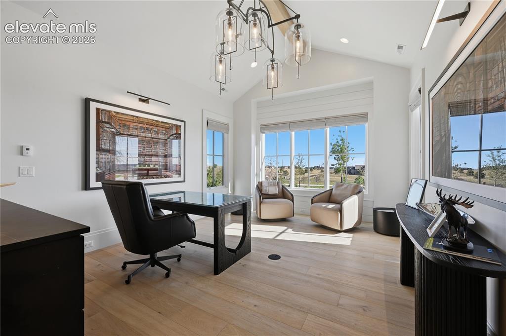 Image 22 of 50: Vaulted ceiling with shiplap detailing, wood-finish flooring, multi-pane wi