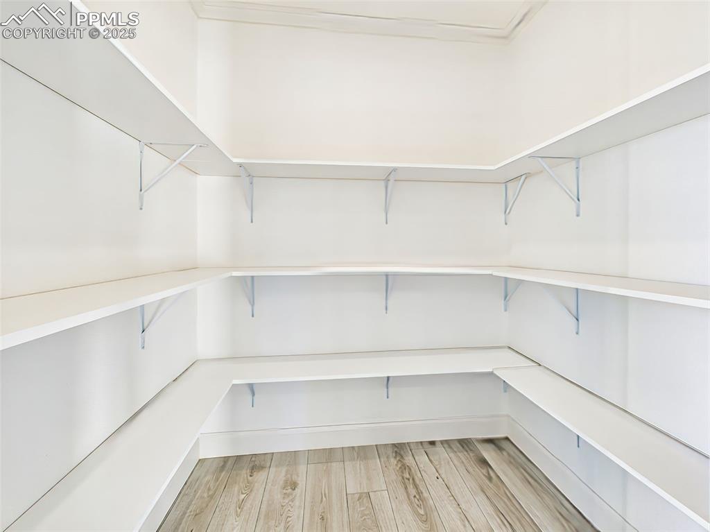 Image 20 of 50: Walk-in pantry with wraparound shelving for ample kitchen storage and organ