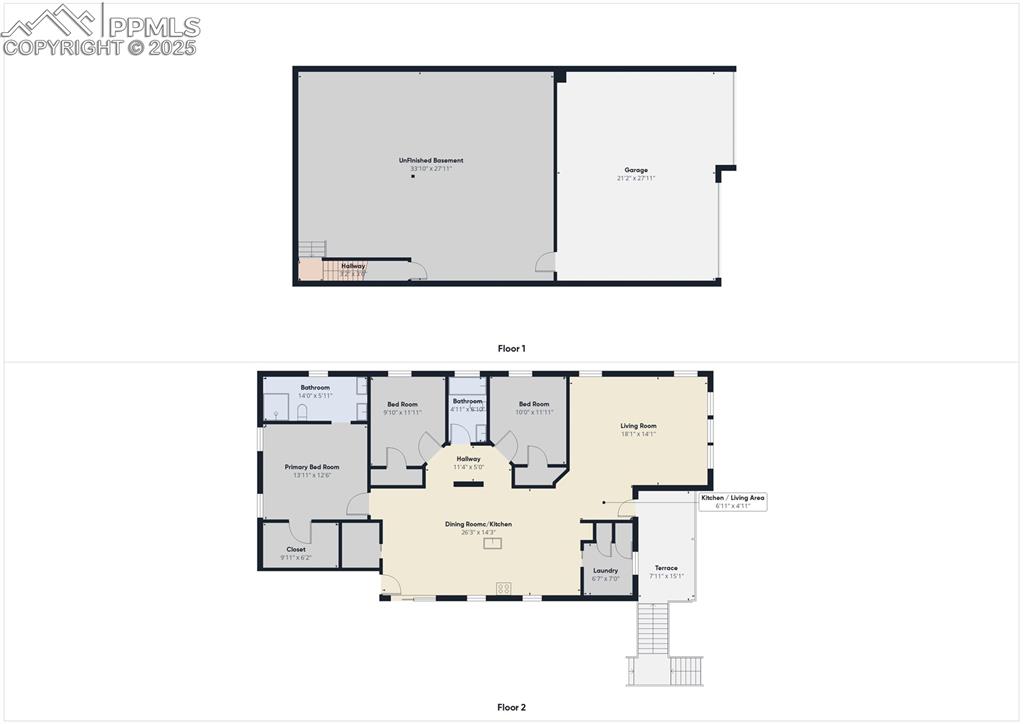 Image 50 of 50: Complete floor plan layout illustrating main level, basement, and garage di
