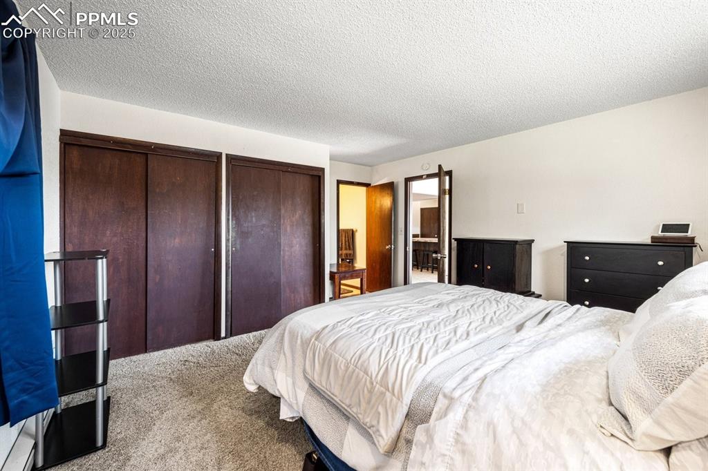 Image 17 of 38: Bedroom with multiple closets, carpet flooring, and a textured ceiling