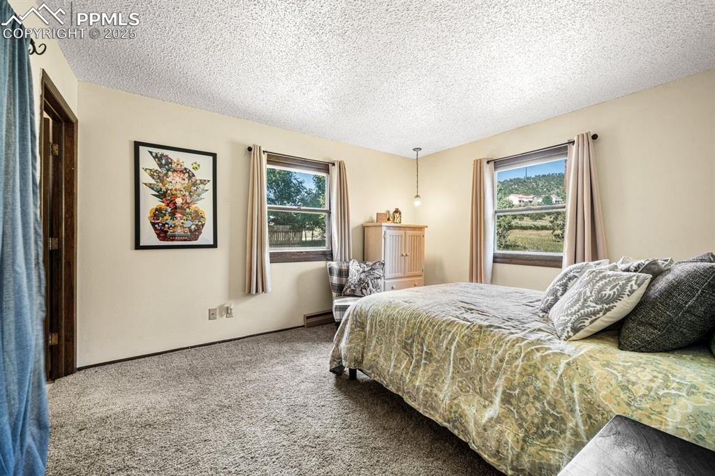 Image 20 of 38: Carpeted bedroom with a textured ceiling and a baseboard radiator