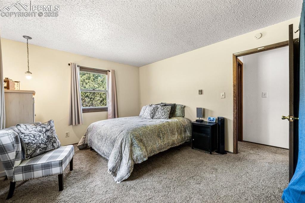 Image 21 of 38: Bedroom with carpet and a textured ceiling