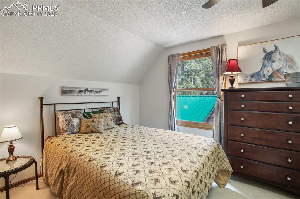 Image 26 of 49: Bedroom with light colored carpet, vaulted ceiling, a textured ceiling, and