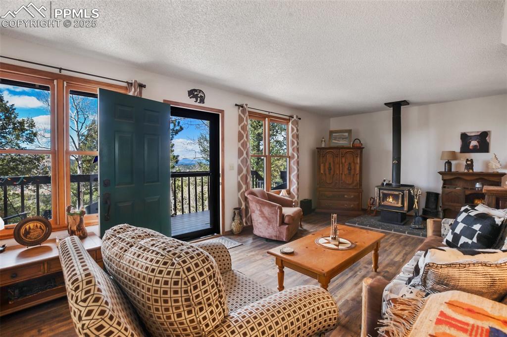Image 5 of 49: Living area featuring mountain views a wood stove, and dark wood finished f