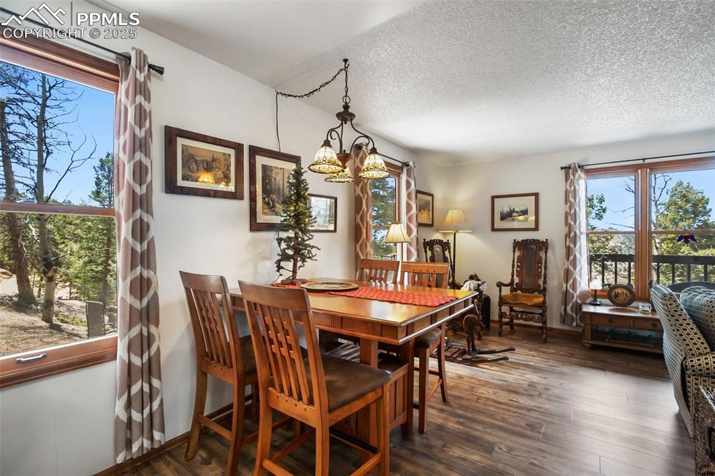 Image 8 of 49: Dining space featuring plenty of natural light, a chandelier, and dark wood