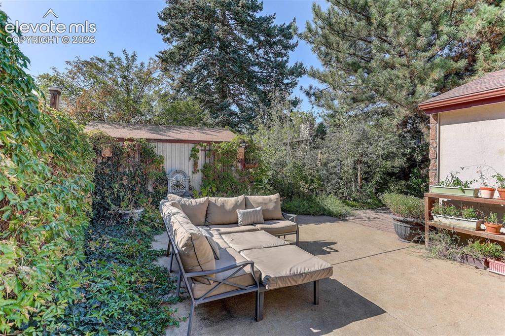 Image 16 of 25: Paved patio area, mature trees, built-in shelving, and a garden shed with a