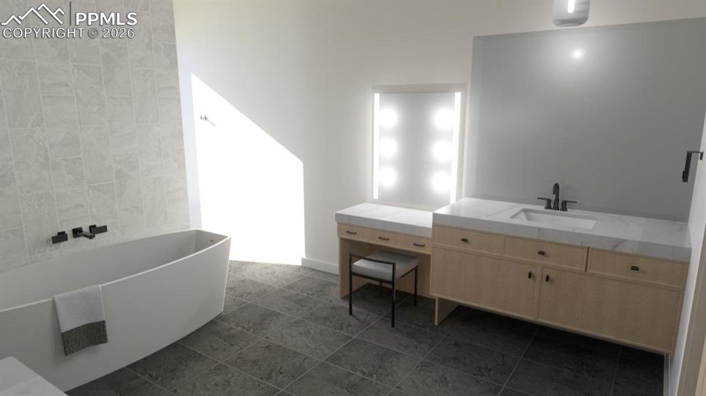 Image 17 of 45: Soaking tub, European vanity, heated floors, and steam shower