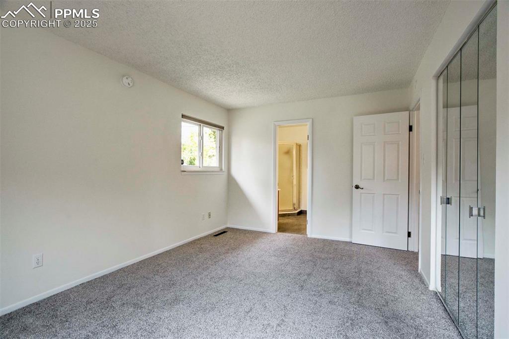 Image 16 of 45: Primary bedroom with carpet flooring, a textured ceiling, and a closet
