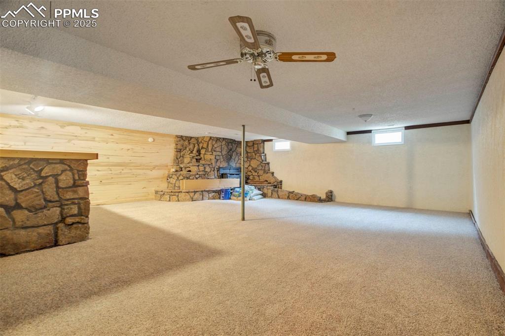 Image 32 of 45: Basement Great Room featuring wood walls, carpet flooring, a textured ceili