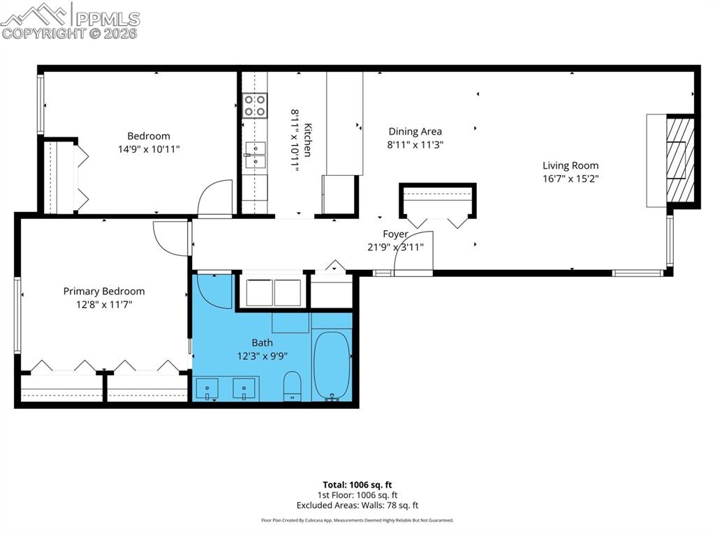Image 23 of 23: The generous length of the full bath accommodates both a spacious vanity an