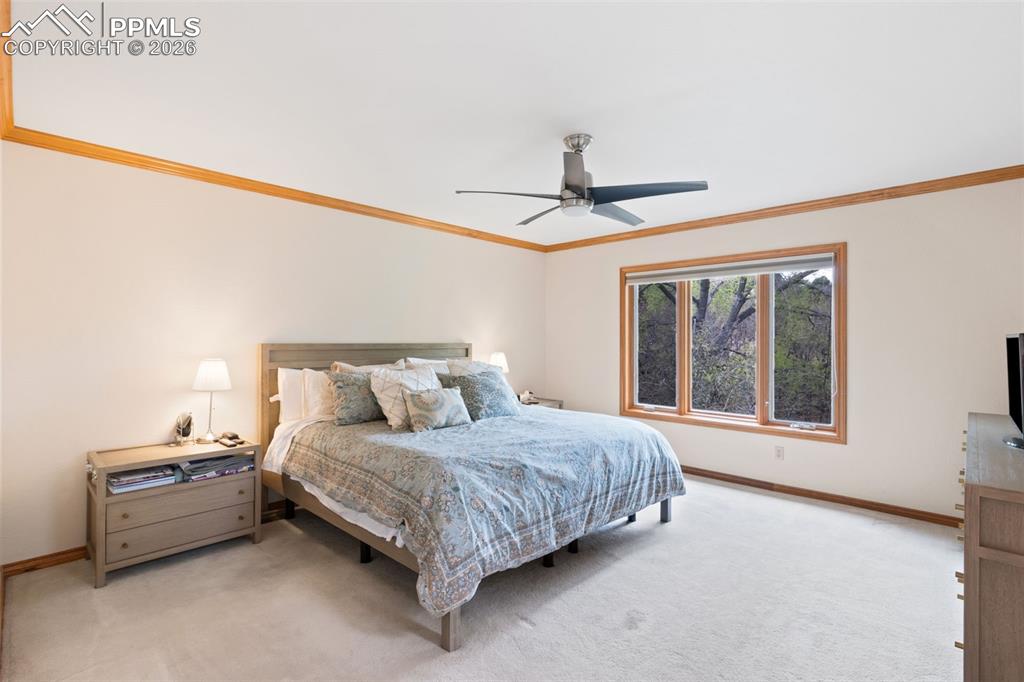 Image 26 of 47: Spacious primary bedroom with light colored carpet and natural wood crown m