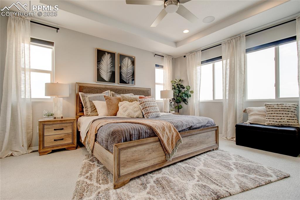 Image 13 of 25: Bedroom with carpet, multiple windows, a tray ceiling, and recessed lightin