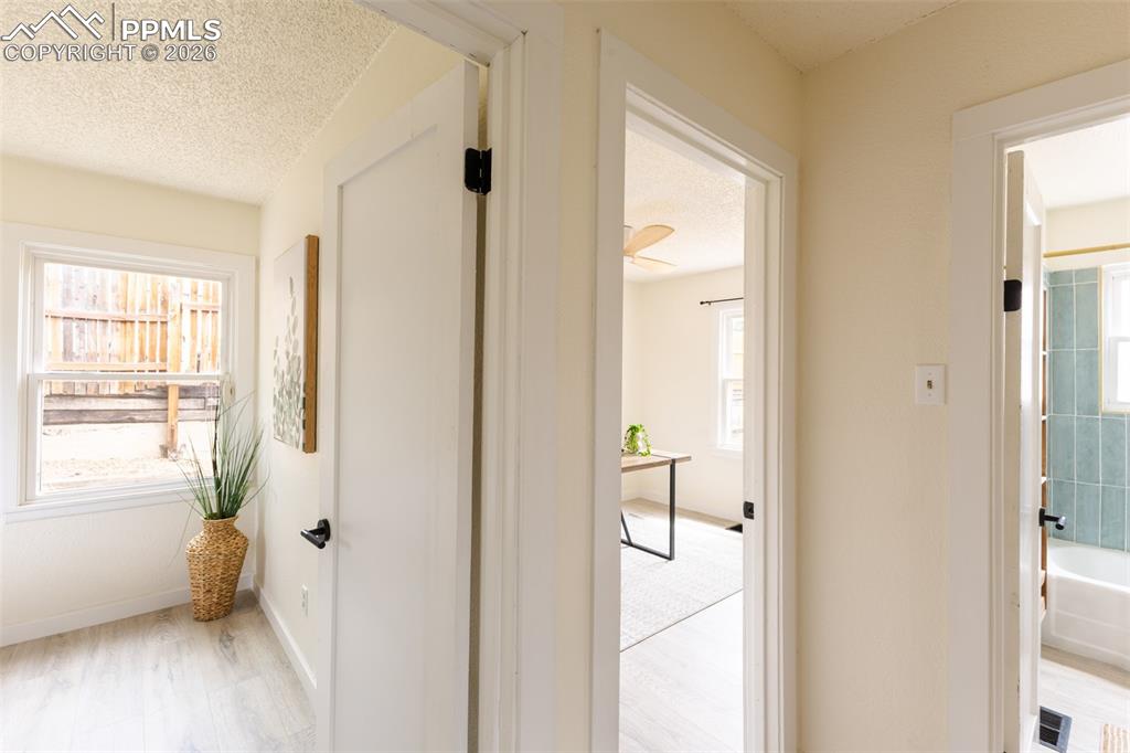 Image 13 of 24: Interior hallway featuring light wood-finish flooring, white trim, and door
