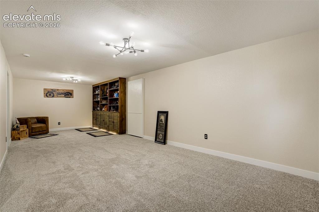 Image 28 of 50: Basement family room with built-ins and closet
