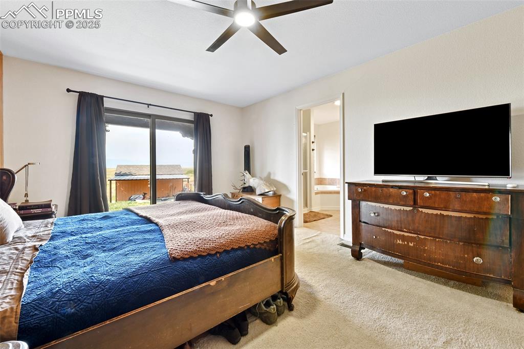 Image 11 of 22: Carpeted bedroom with access to exterior, a ceiling fan, and connected bath
