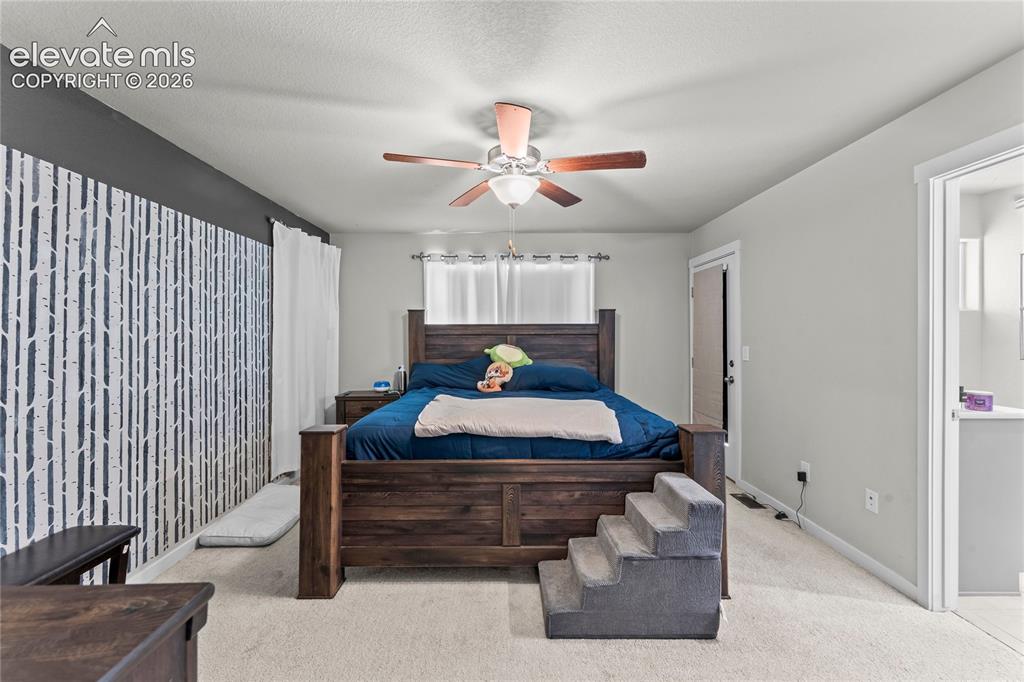Image 12 of 17: Carpeted flooring with a contrasting accent wall, ceiling fan with wood-fin
