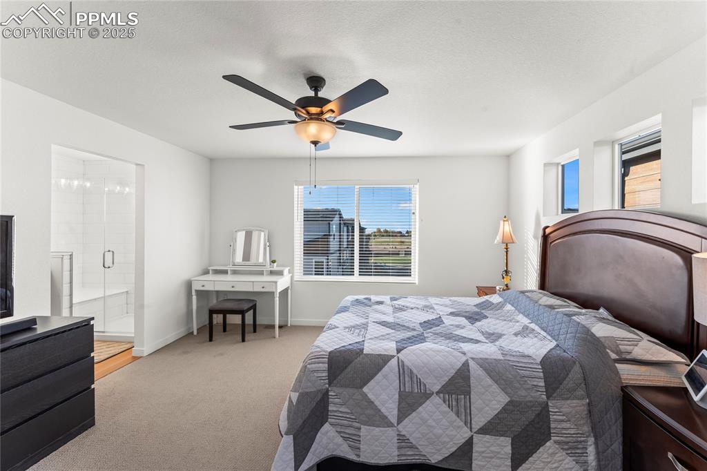Image 20 of 31: Carpeted bedroom with a ceiling fan and ensuite bath
