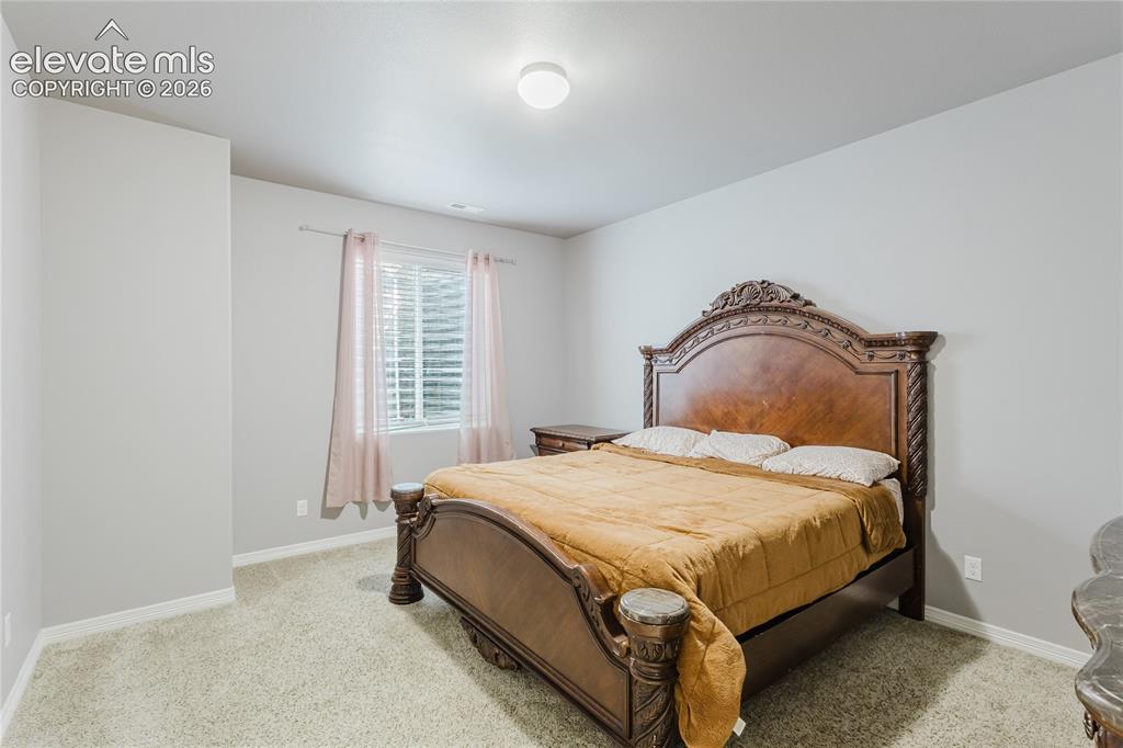 Image 38 of 46: Carpeted room featuring a window with blinds and drapes, light gray walls,