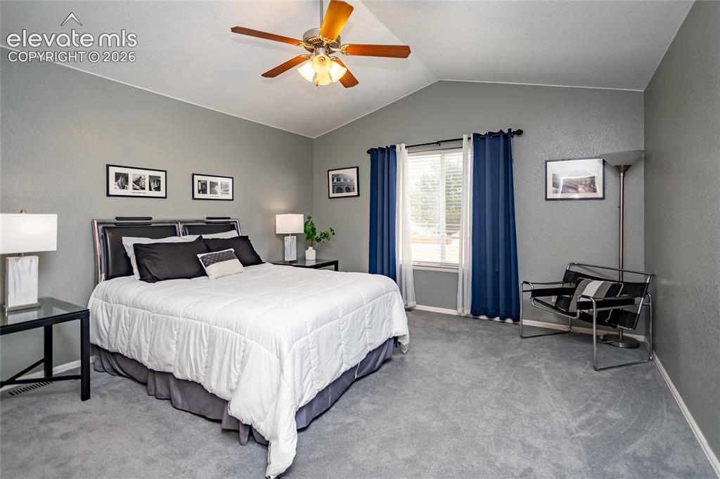 Image 16 of 49: Main level primary bedroom has vaulted ceilings and very specious.