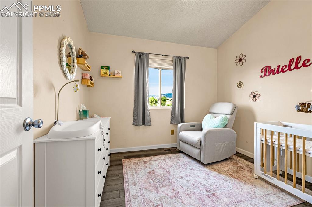 Image 14 of 30: Bedroom with a crib, wood finished floors, a textured ceiling, and lofted c