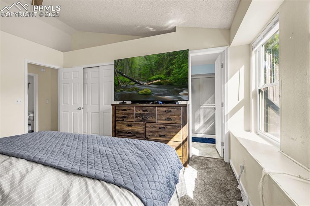 Image 16 of 30: Bedroom with lofted ceiling, carpet flooring, a closet, a textured ceiling,