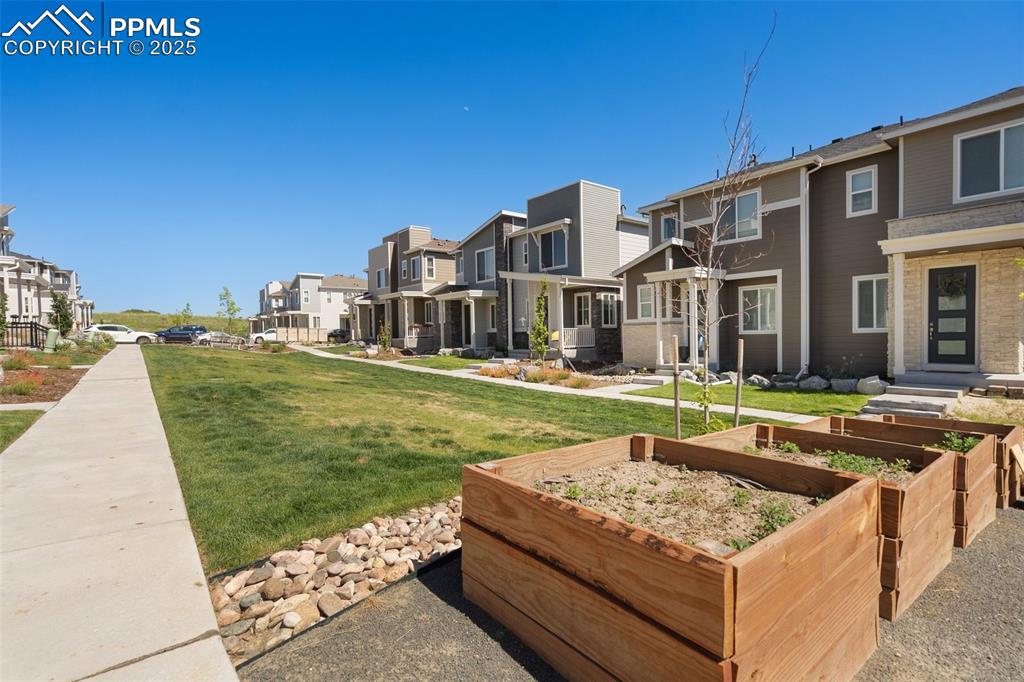 Image 37 of 46: Surrounding community with a residential view, a community garden, and a la