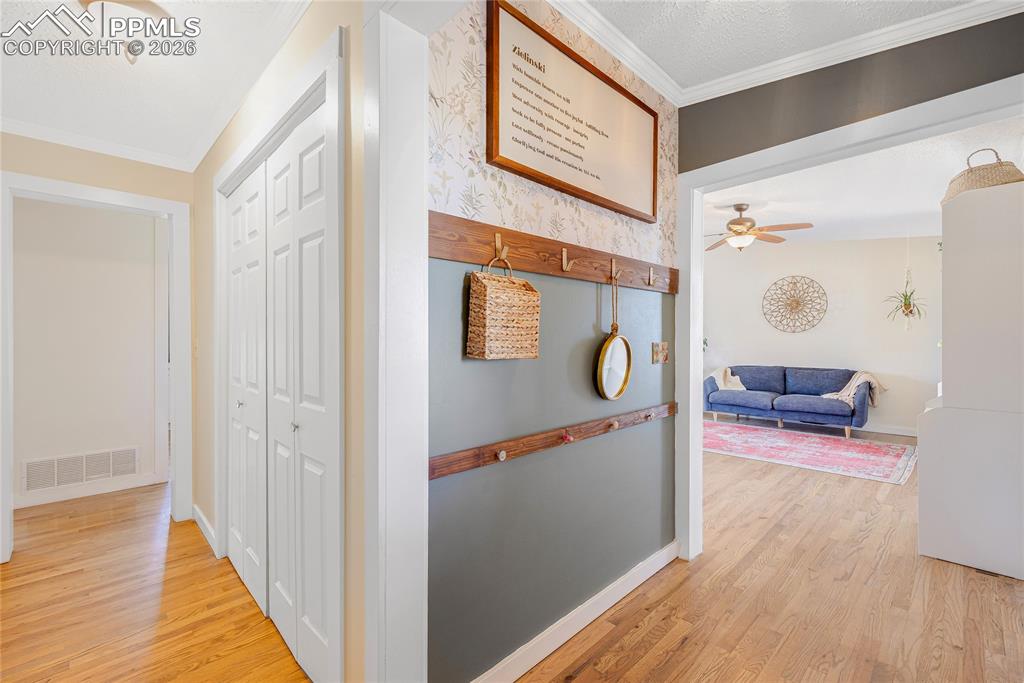 Image 14 of 42: The property features a foyer with hardwood flooring and feature wall