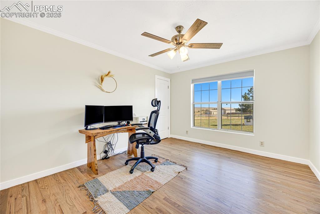 Image 19 of 42: This room features light-colored walls, crown molding, and hardwood floorin