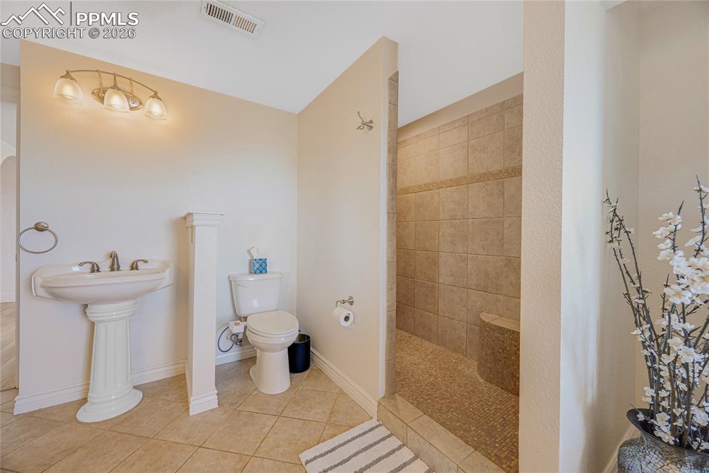 Image 32 of 42: This bathroom features a pedestal sink, toilet, and a tiled shower with a b