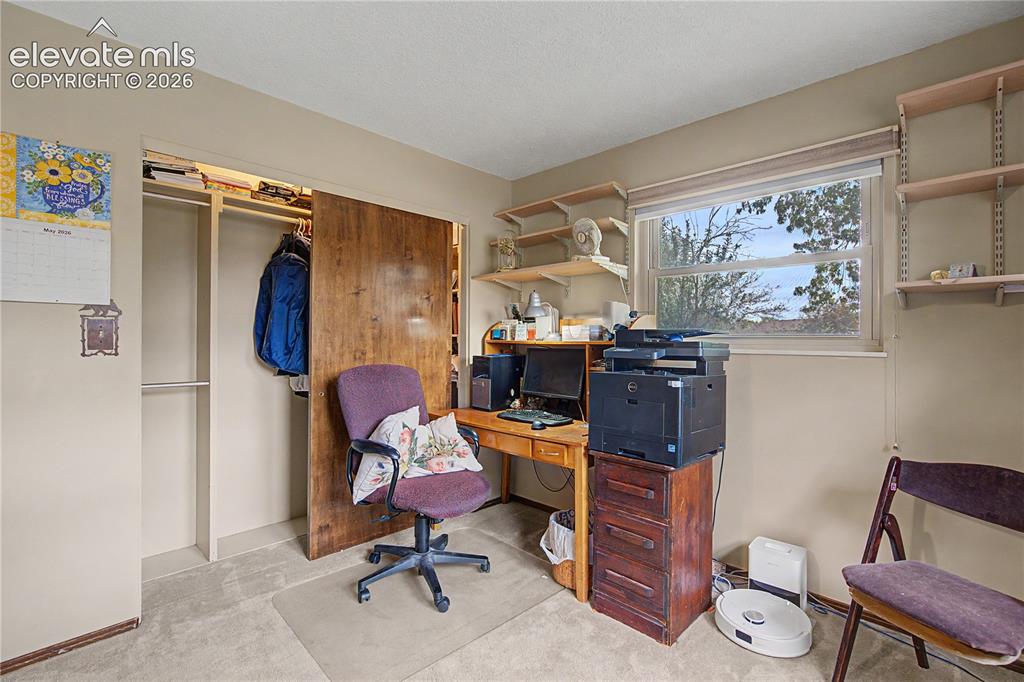 Image 20 of 38: Carpeted room featuring a window with exterior tree views, a built-in close