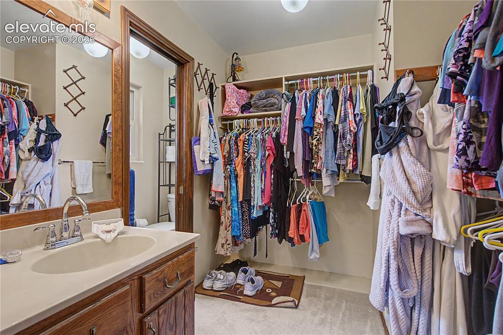 Image 24 of 38: Vanity area featuring a single sink, chrome faucet, and wood-finish cabinet
