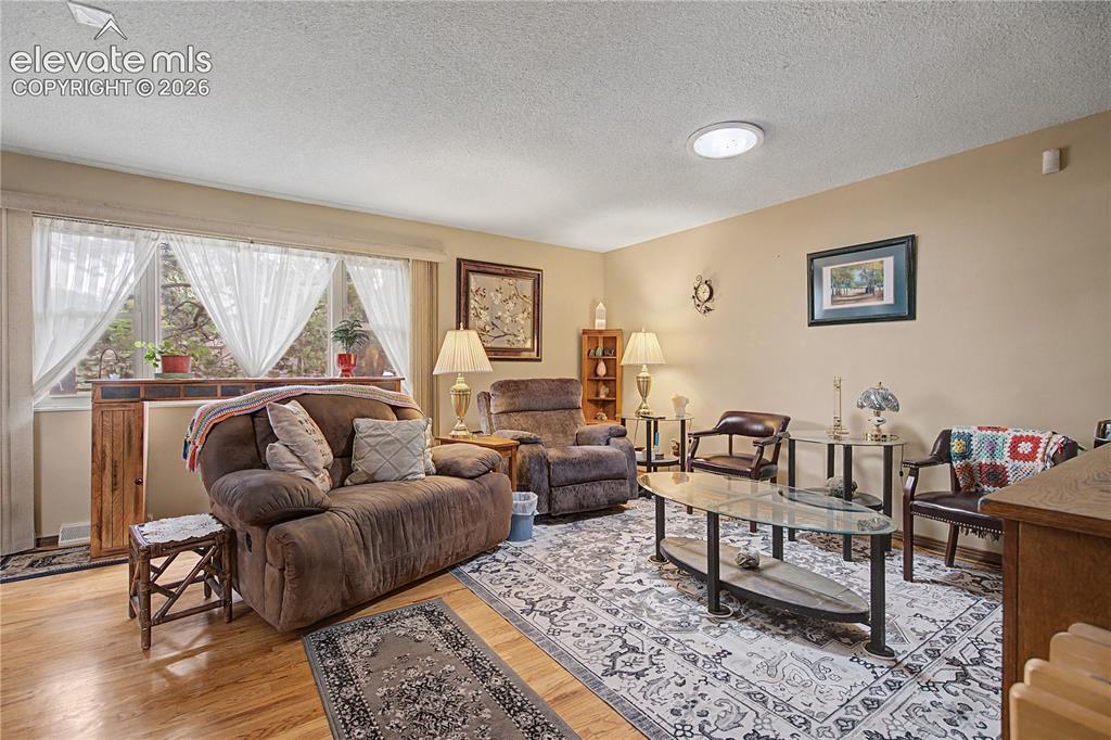 Image 5 of 38: Living room featuring wood-finish flooring, a large area rug, and a picture
