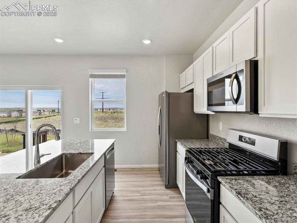 Image 4 of 22: Kitchen featuring stainless steel appliances, light wood-type flooring, lig
