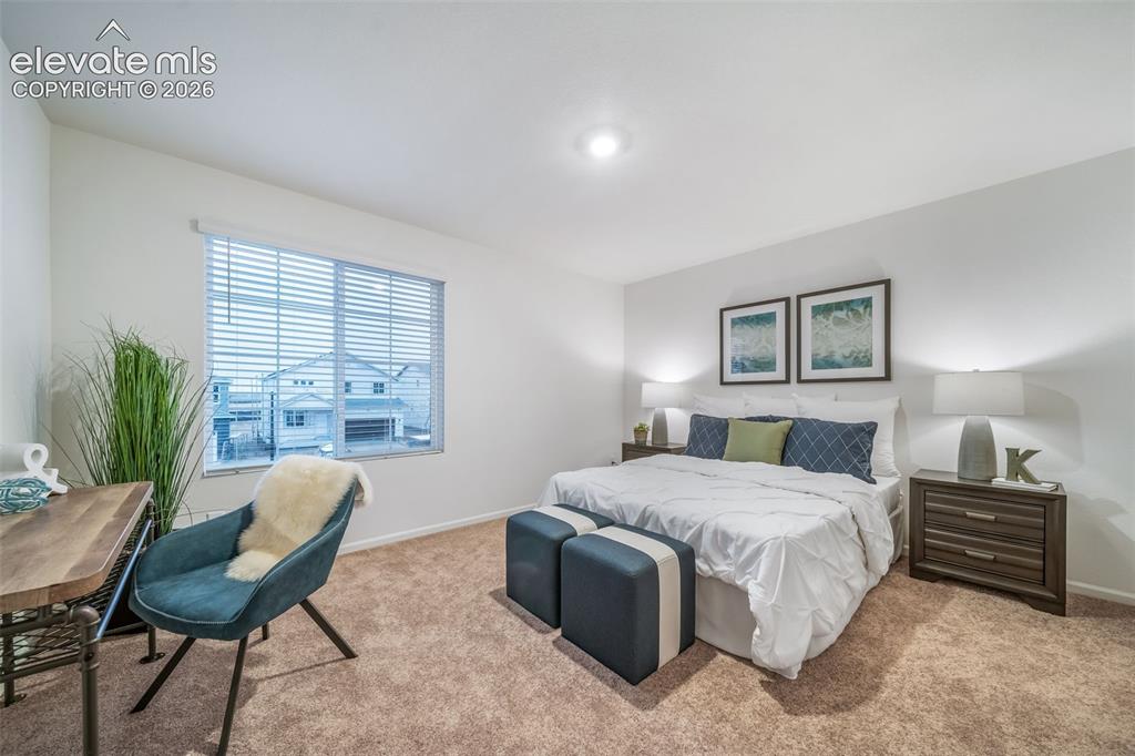 Image 3 of 41: Spacious room with plush carpet, a large window with horizontal blinds, and