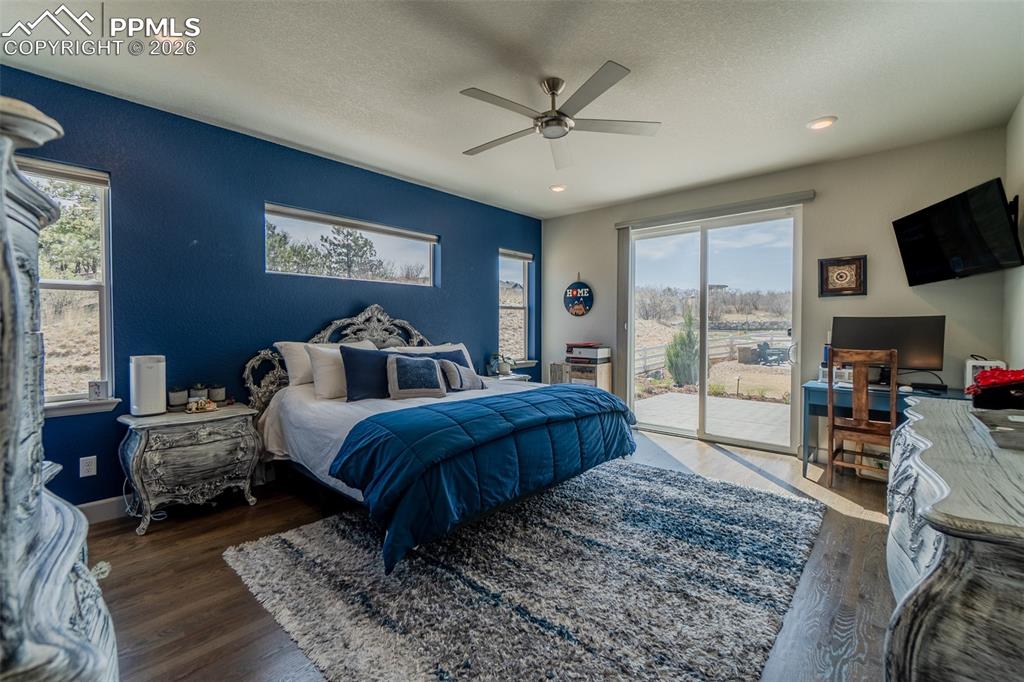 Image 27 of 49: Spacious bedroom featuring wood-finish flooring, recessed lighting, and a c