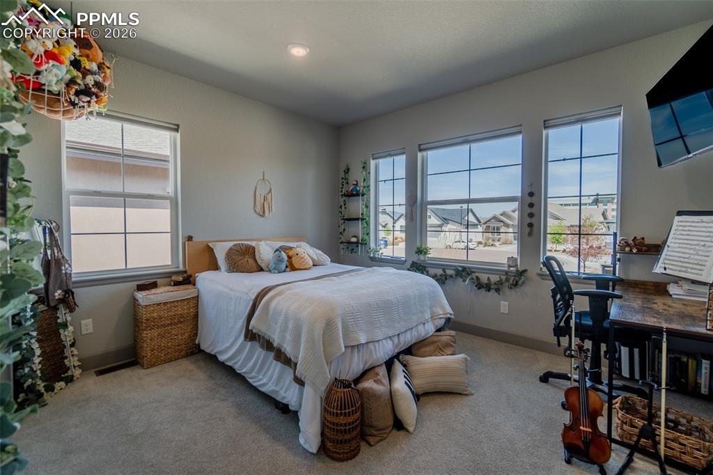Image 33 of 49: Carpeted bedroom featuring multiple windows with blinds, recessed lighting,