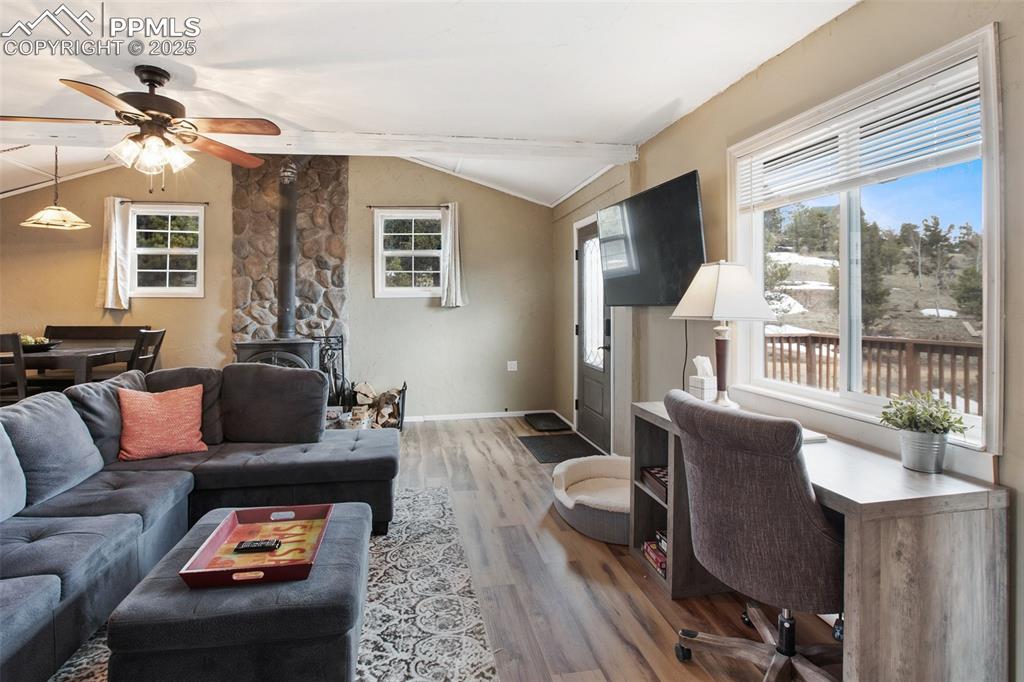 Image 9 of 36: Living room with a wood stove, vaulted ceiling, light wood-type flooring, h