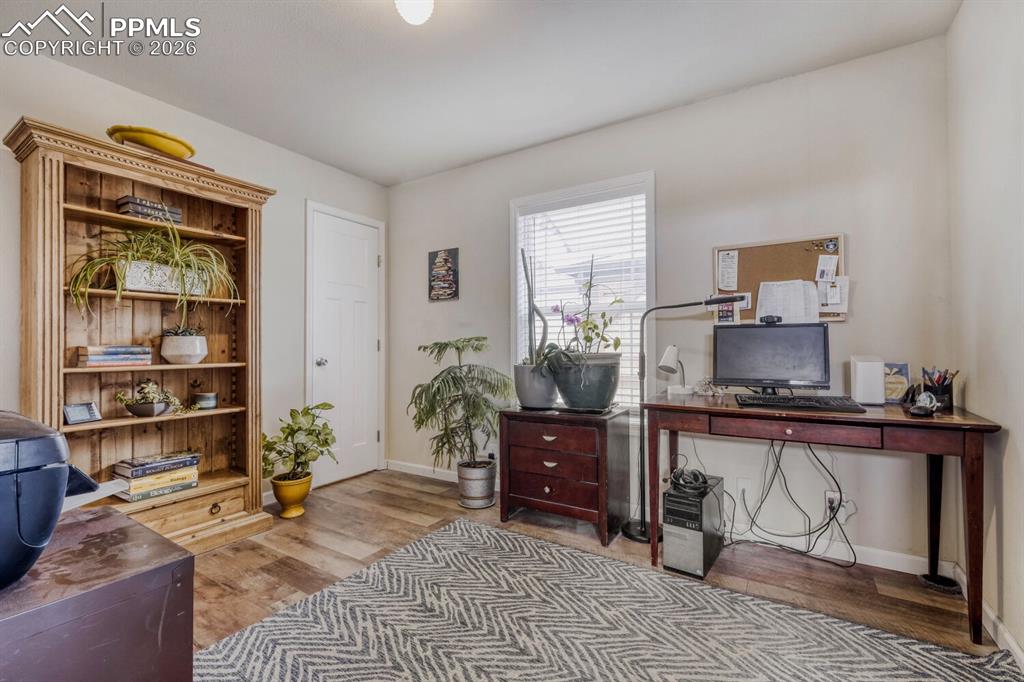 Image 8 of 33: Room featuring wood-finish flooring, a white paneled door, and a single win