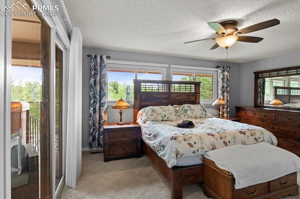 Image 16 of 49: Bedroom with a textured ceiling, light colored carpet, multiple windows, ac