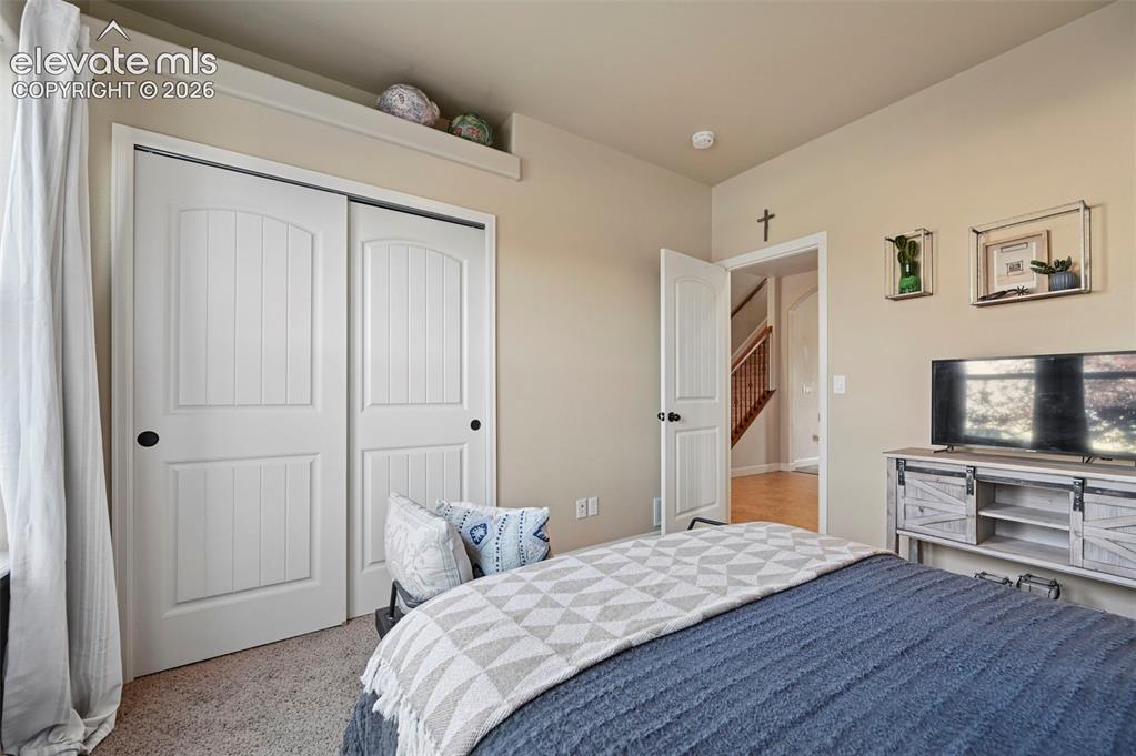 Image 22 of 47: Soft beige wall paint with white trim, textured carpet flooring, and a buil